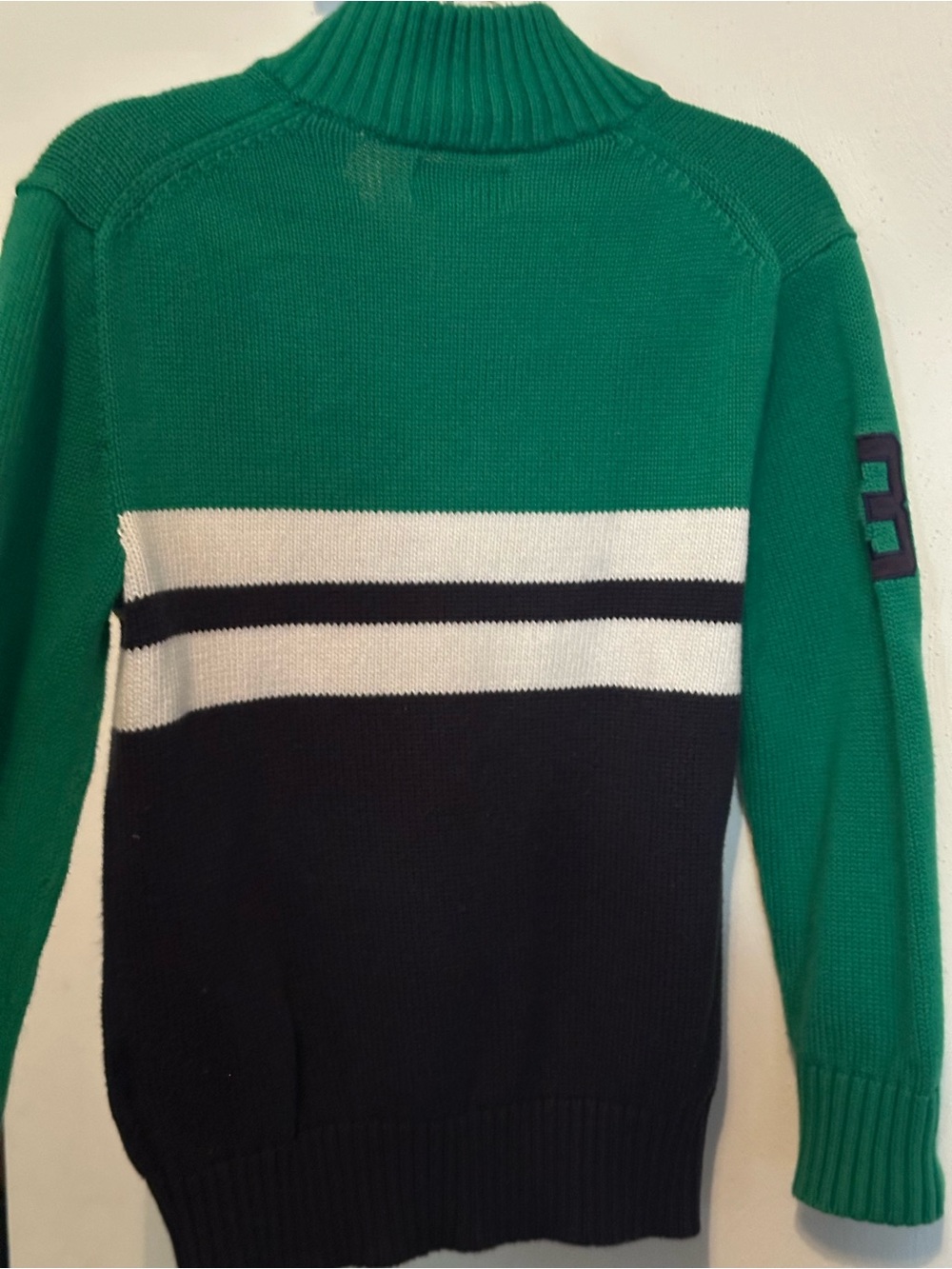 POLO Ralph Lauren Boys Big Pony Green Cream & Navy Color Block 1/4 Zip Sweater - Picture 4 of 5